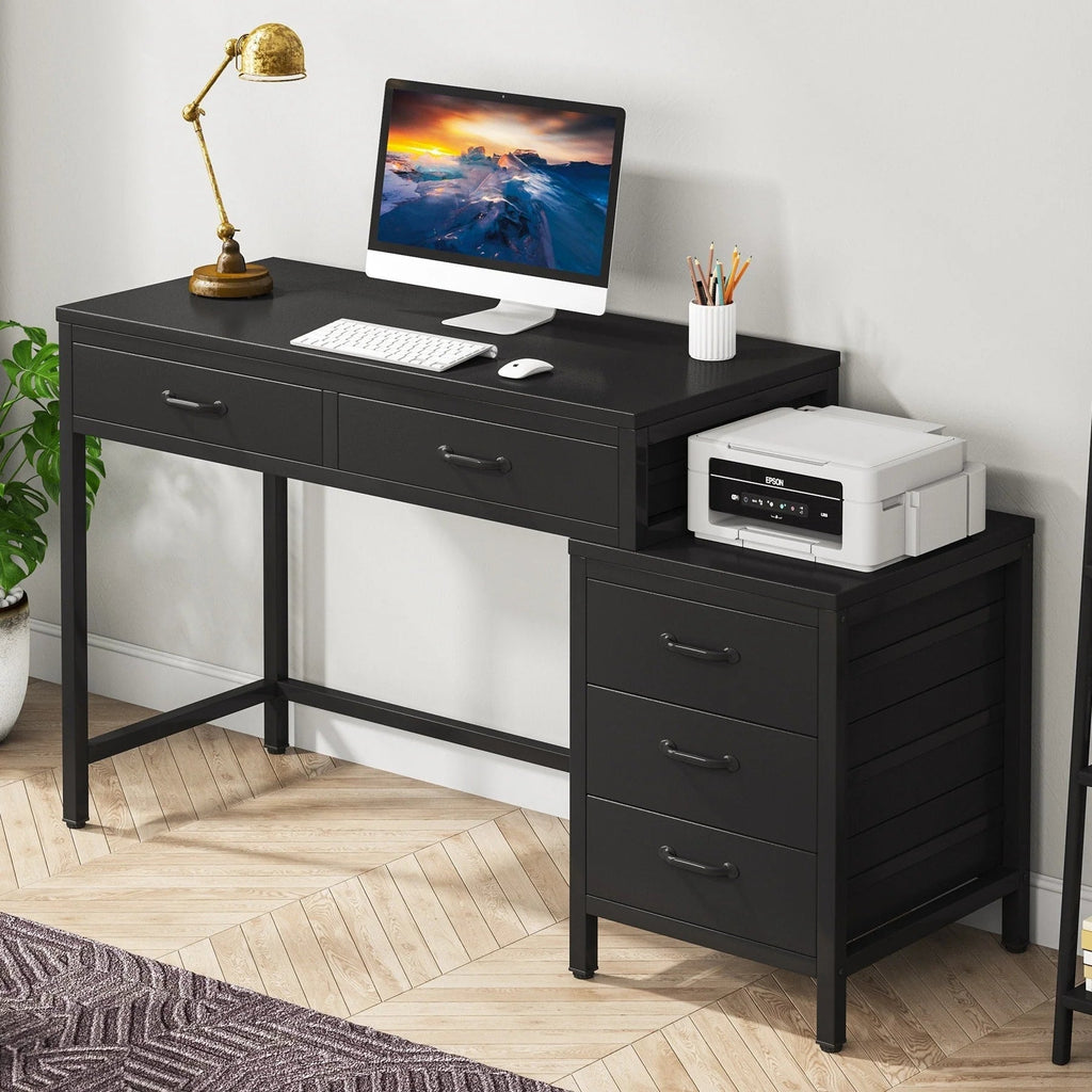Reversible Computer Desk with 5 Drawers, Home Office Desk with File Cabinet Drawer Printer Stand