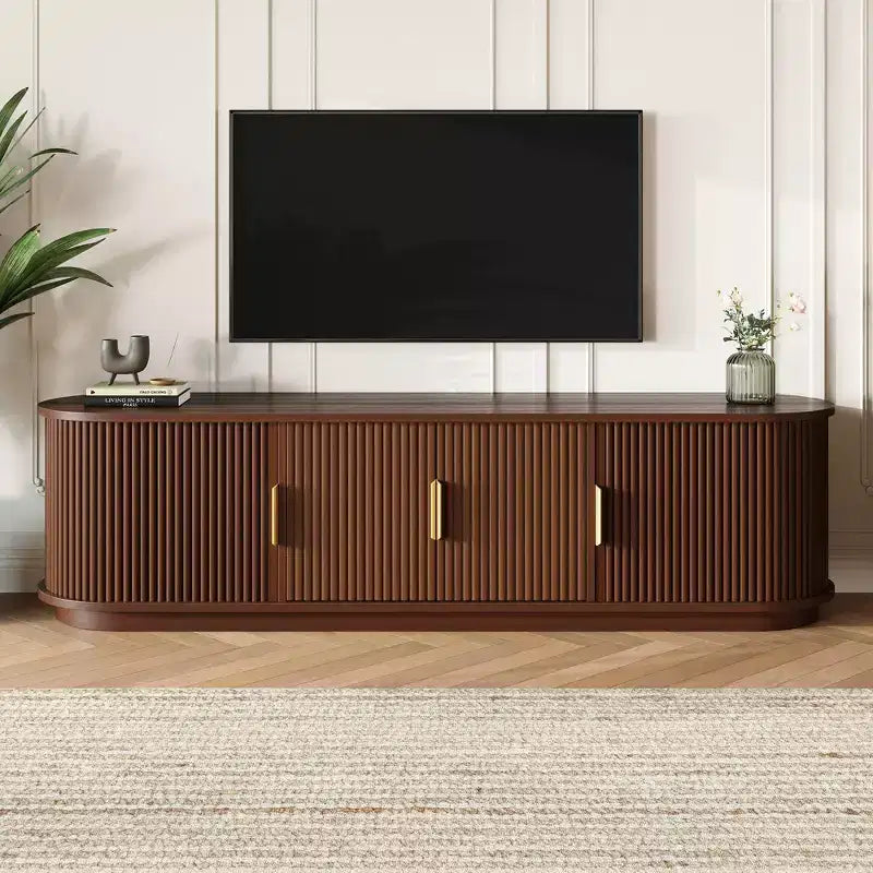 GDFStudio Roy Farmhouse Wooden TV Stand with Sliding Tambour Door and Adjustable Storage