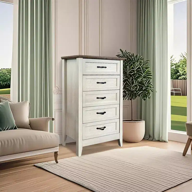 Farmhouse Dresser, Rustic Wood 5 Drawer Dresser for Closet, Tall Chest of Drawers with Metal Handles