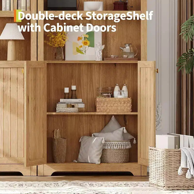 72 Tall Arched Cabinet, 5 Tier Arched Bookshelf with Double Doors & Adjustable Shelf, Wooden Bookcase with Storage for Home Office