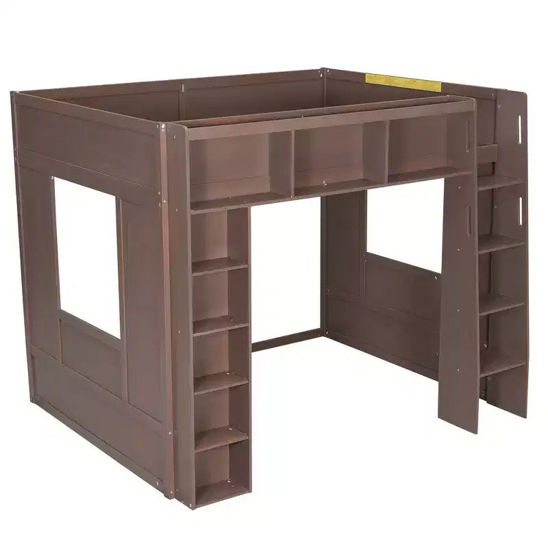 Whisen Queen Size Wooden Loft Bed Frame with Storage Cabinets and Shelves