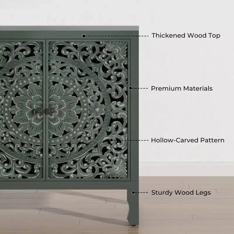 Buffet Cabinet with Storage, Distressed Storage Cabinet with 4 Carved Doors and Adjustable Shelf, Wooden Accent Sideboard Buffet Cabinets