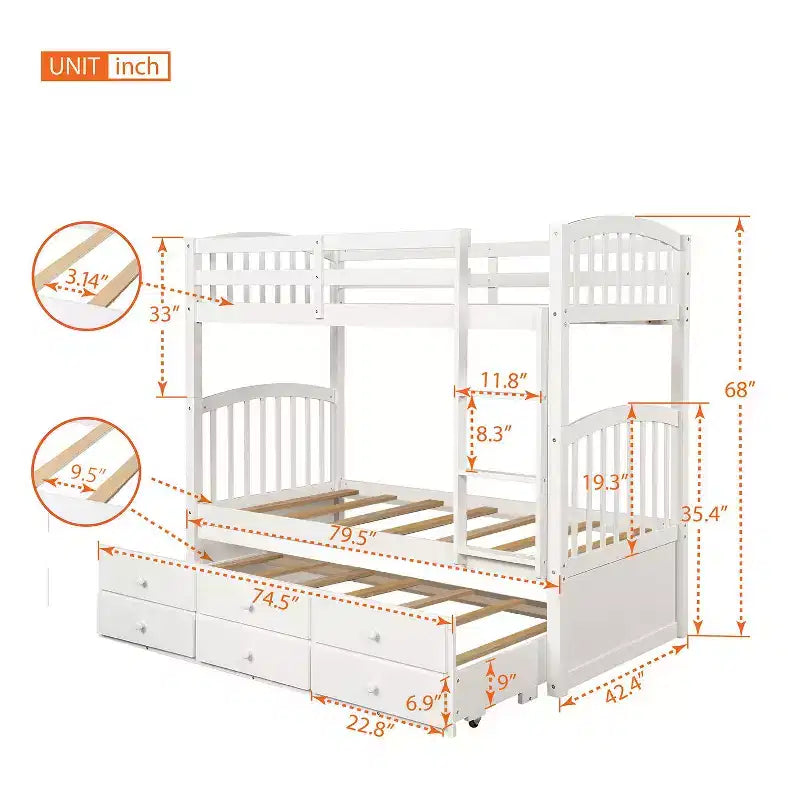 Twin Bunk Bed with Ladder, Safety Rail, Twin Trundle Bed with 3 Drawers for Teens Bedroom, Guest Room Furniture