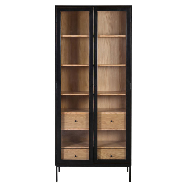 Modern Industrial Oak Veneer & Metal Cabinet with Large Glass Doors for Living Room or Study