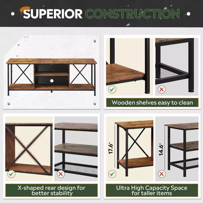 Rustic Industrial TV Stand for 55-65 TVs with Storage & Cable Management