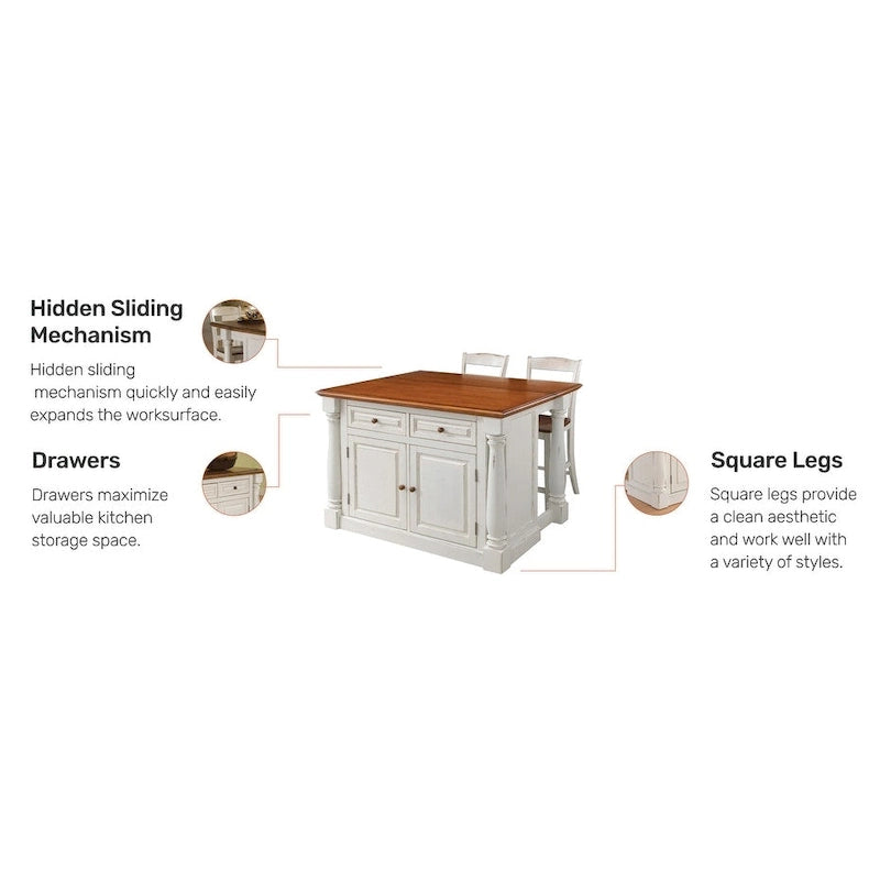 Homestyles Monarch 3-Piece Off-White Wood Kitchen Island Set with Drop Leaf Wood Top - 48 x 25 x 36