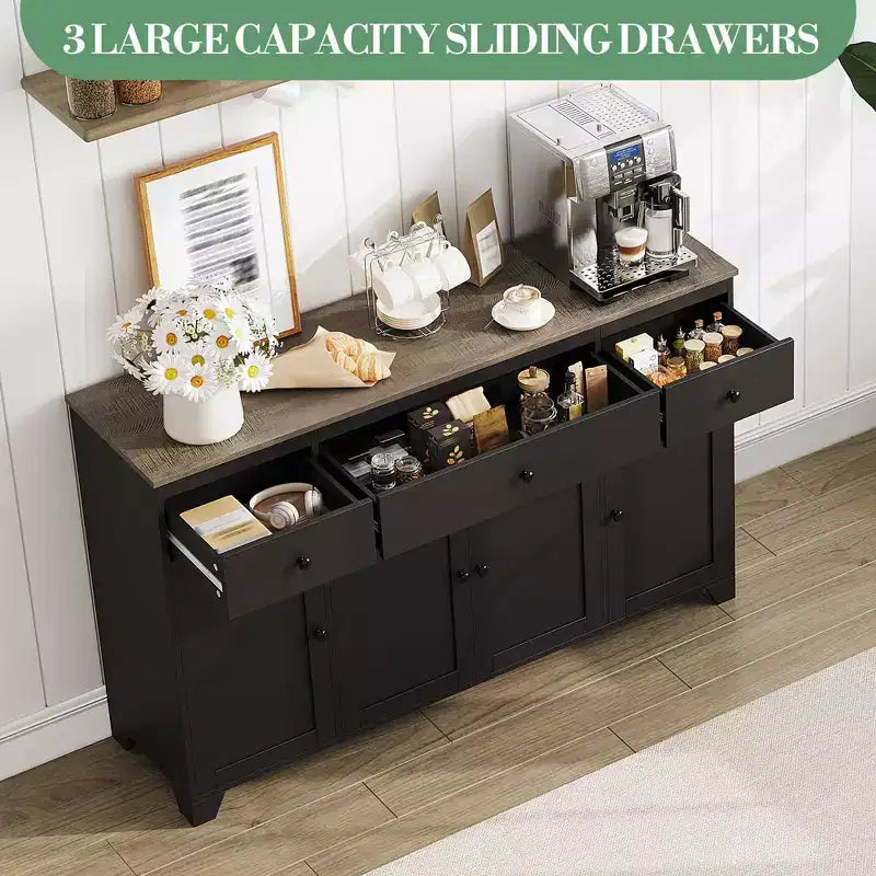 55 Sideboard Buffet Cabinet with 3 Drawers & 4 Doors, Adjustable Shelf Kitchen Storage Console for Dining Room Living Room