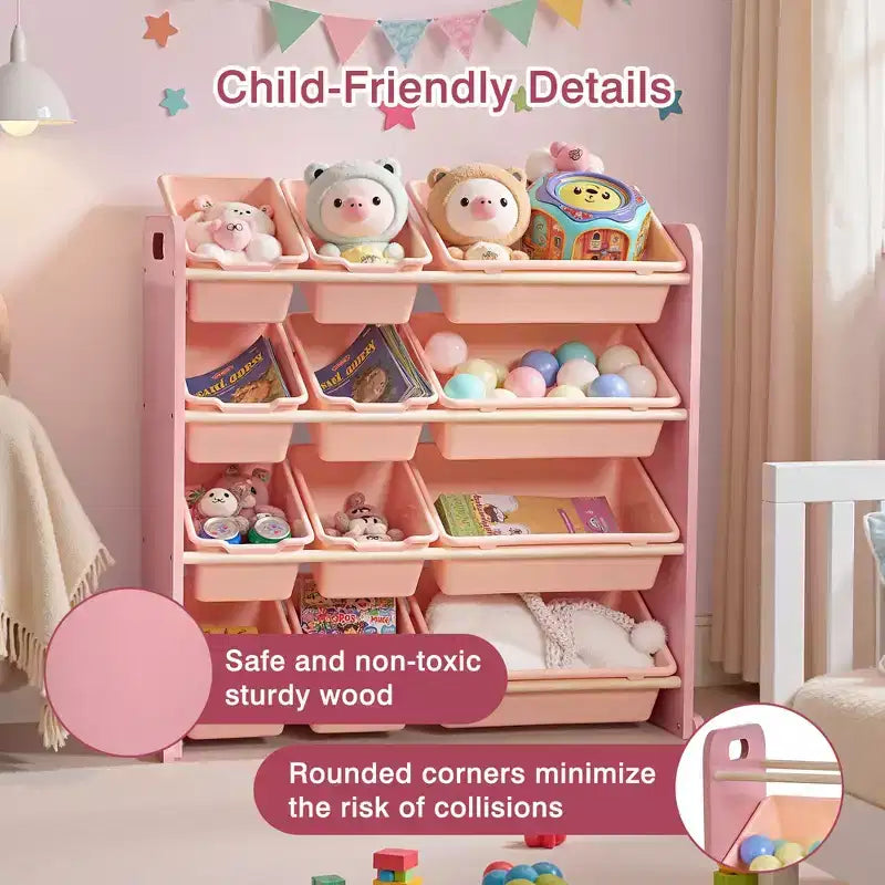 VECELO Kids Bookshelf Toy Storage with 12 Bins, Wooden Toy Rack for Toddlers, Large-Capacity Playroom Storage for Books or Toys