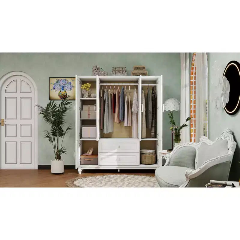 White Wood 61.42 in. Armoire with 2 Drawers, Hanging Rod and Shelves