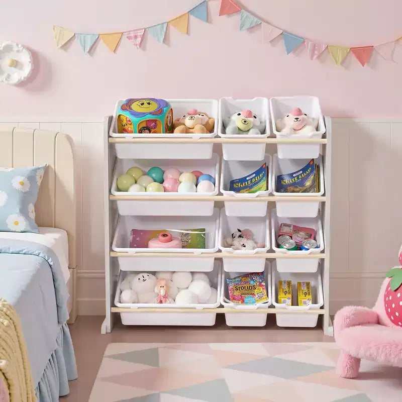 VECELO Kids Bookshelf Toy Storage with 12 Bins, Wooden Toy Rack for Toddlers, Large-Capacity Playroom Storage for Books or Toys