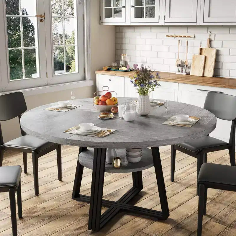 47 Round Dining Table for 4, Kitchen Dining Room Circle Dinner Pedestal Table, Space Saving Wood Kitchen & Dining Room Furniture