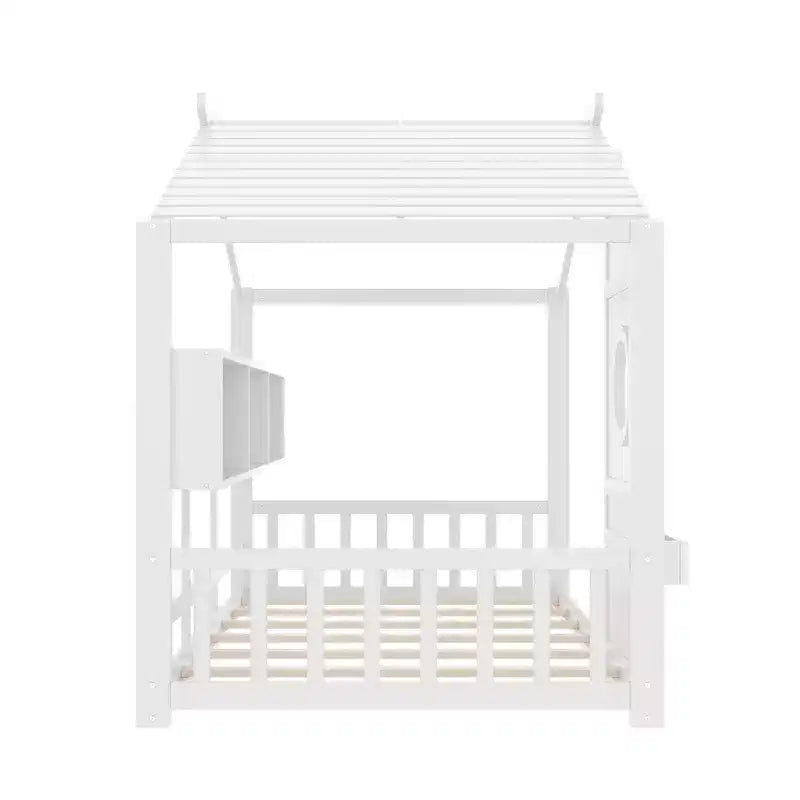 Twin Size Floor House Bed, Kids Montessori Playhouse Bed with Storage Shelf and Roof Design