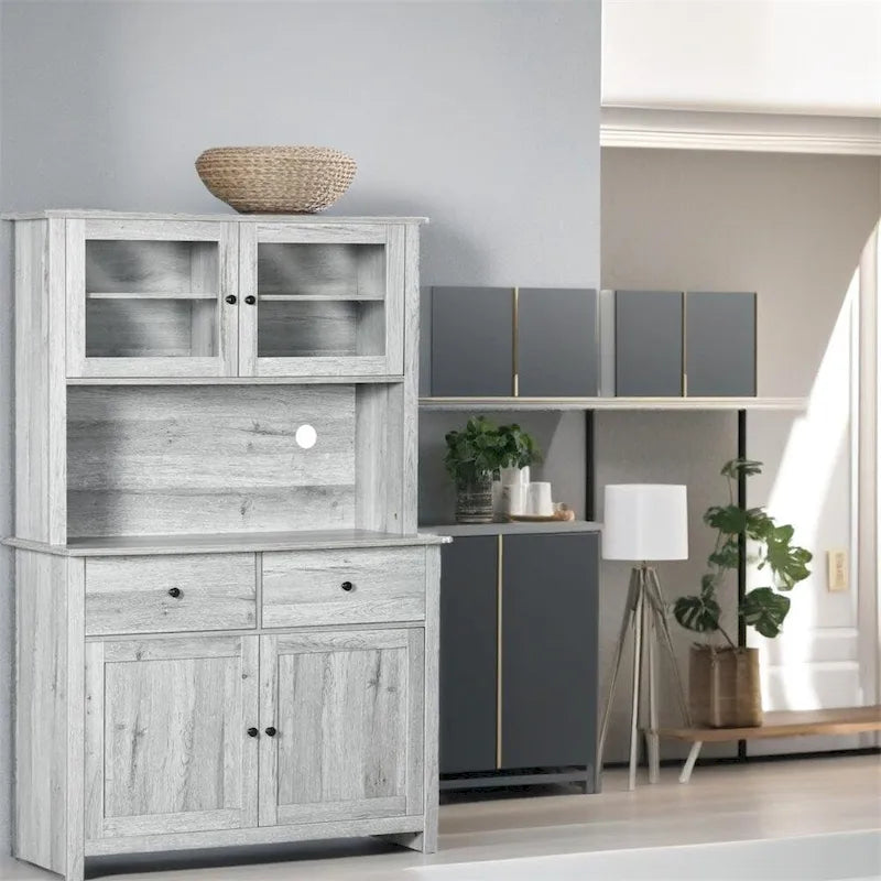 Glass Doors Kitchen Buffet with Hutch and Drawers - N/A