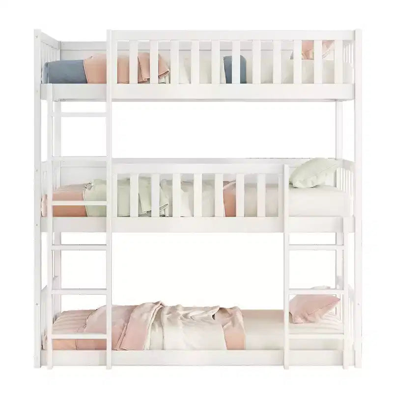 Triple Twin Bunk for Kids, Twin over Twin over Twin Detachable Bunk Bed with Ladder and Guardrail, Separate into 3 Beds