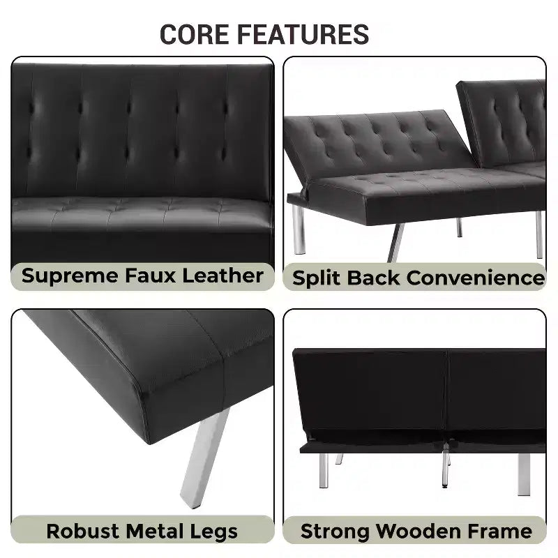 Tufted Split Back Futon Sofa Bed, Convertible Sofa bed with Chrome Legs