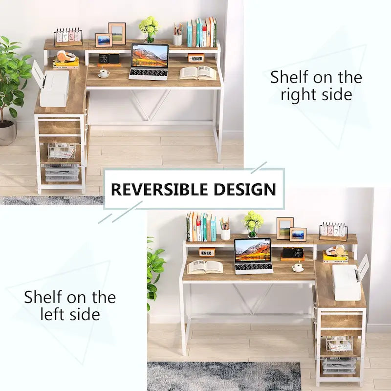 L Shaped Desk with Drawer, Home Office Corner Desk with Storage Shelves and Monitor Stand, Rustic PC Desk for Small Space