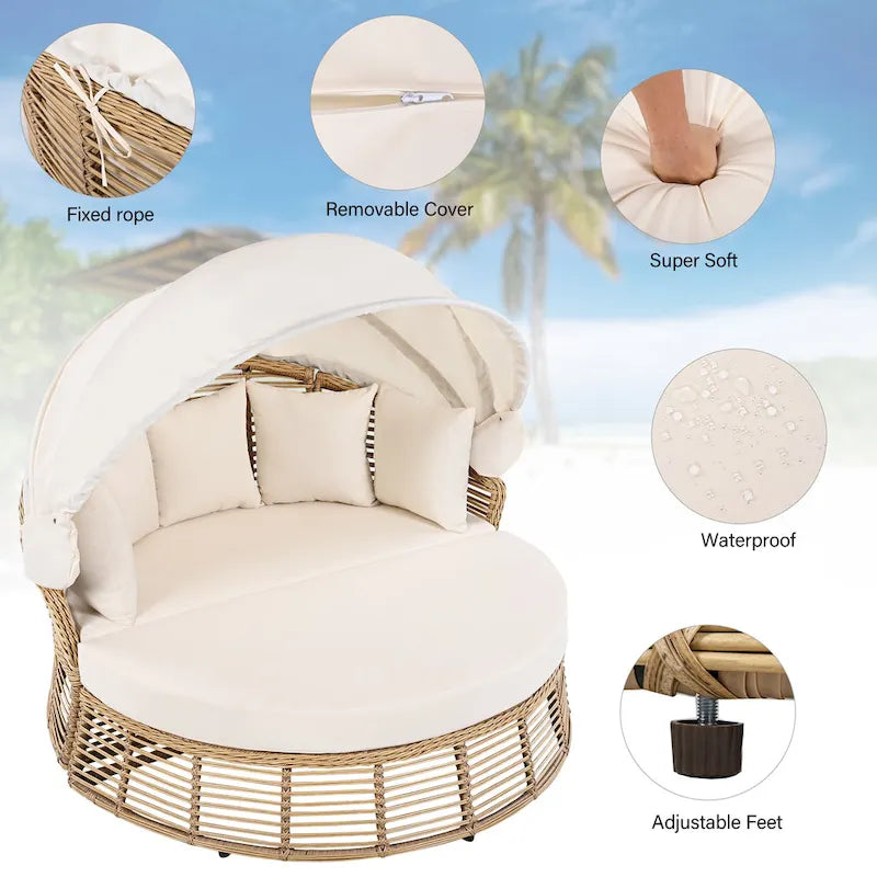 Outdoor Rattan Round Daybed with Canopy & Removable Cushions