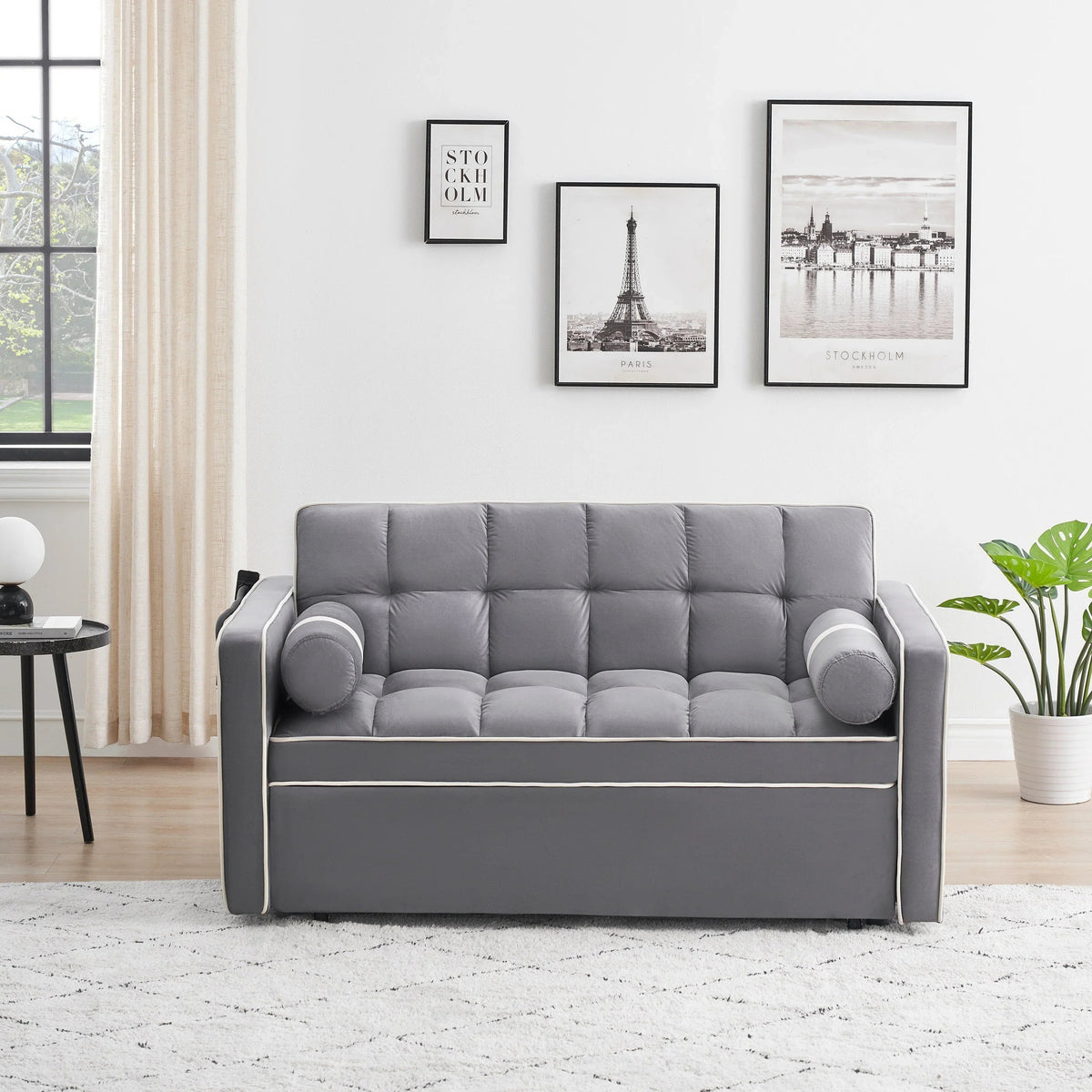 Velvet Convertible 55 2-Seater Sleeper Sofa with Pull-Out Bed, Adjustable Recline, Side Pockets, and Phone Holder