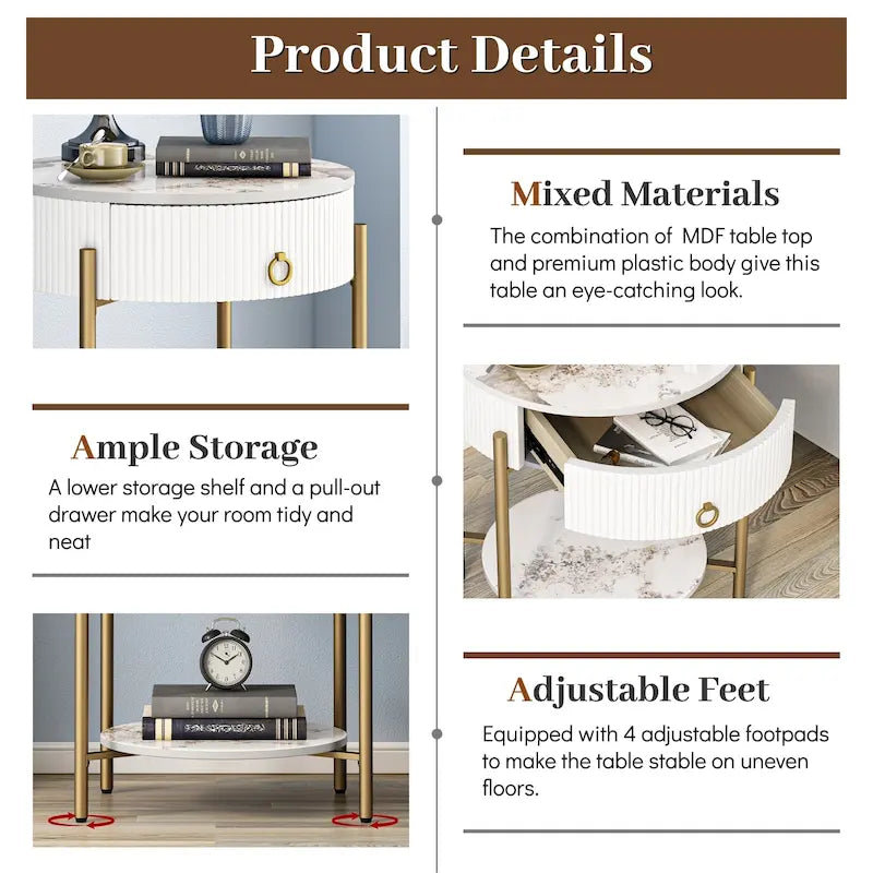 Myhozm Modern End Table with Storage Drawer, Round Nightstand with Metal Legs for Living Room, Bedroom, Office