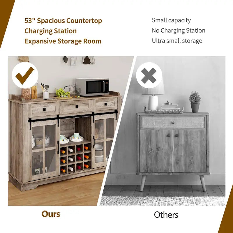 53 Barn Door Buffet Coffee Bar Cabinet with Wine Rack, Kitchen Sideboard Storage Cabinet
