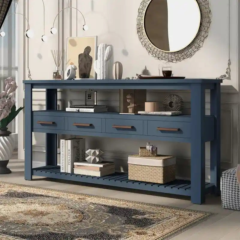 Long Entryway Console Sofa Table with Drawers, Farmhouse Wood Sofa Tables Console Table with 4 Drawers and 2 Shelves