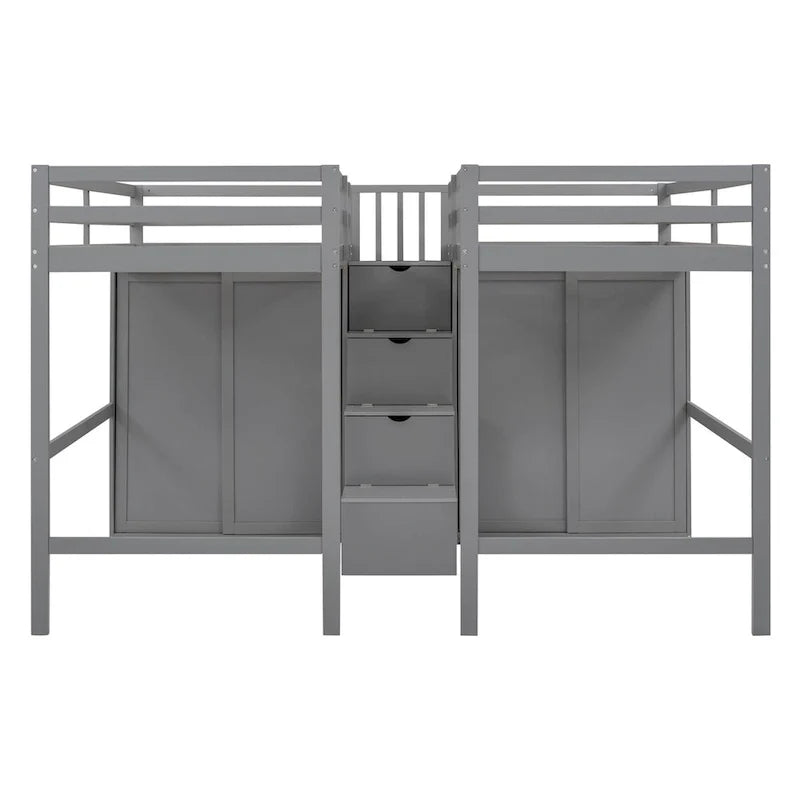 Double Twin Loft Beds with Wardrobes and Staircase
