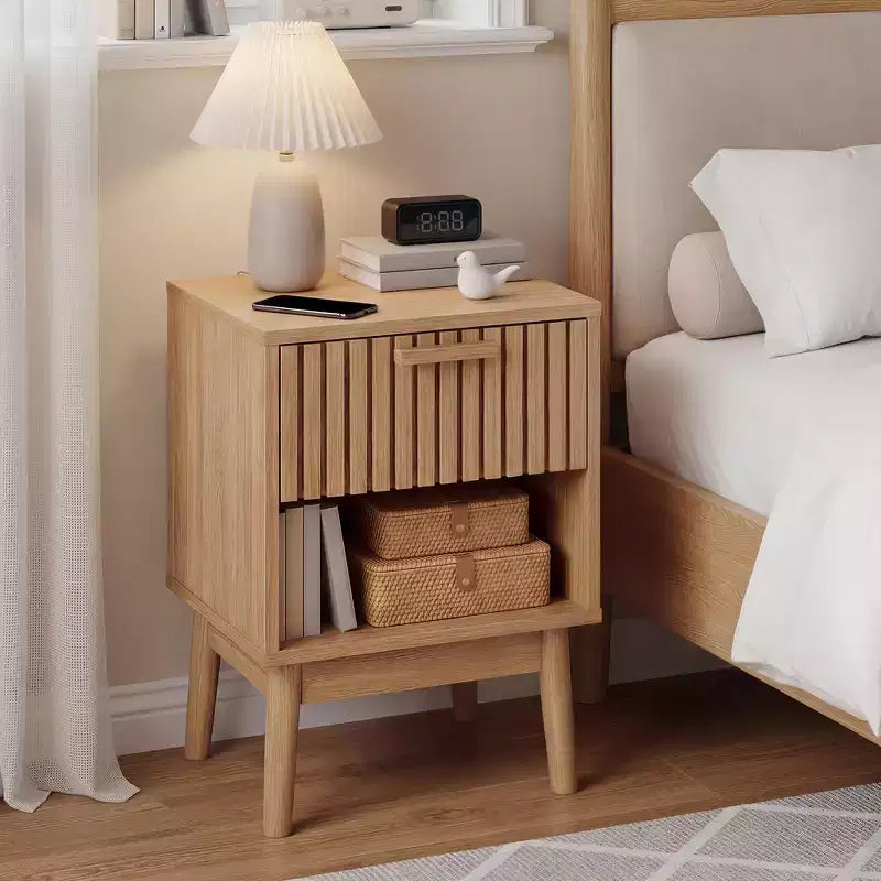 Set of 2 Boho Nightstands w/ Striped Drawer and Open Shelf, Compact Wood Bedside End Table, Small Space Side Table for Bedroom and Living Room