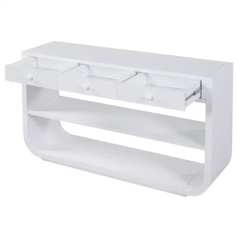 ModernLuxe Curved Console Table Entryway Table Sofa Side Table Display Stand Accent Table with 3 Soft-Close Drawers & 2 Open Shelves