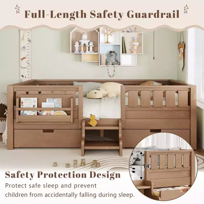 Bellemave Queen Size Toddler Bed with 14 Safety Guardrails, Space-saving Bed Frame with Built-in Bookshelves & 2 Under-Bed Storage Drawers