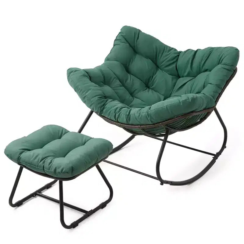 Heynemo Patio Rocking Chair with Ottoman, Outdoor Indoor Rocking Egg Chair with Cushions, Metal Lounge Chair Oversized Papasan Chair, Reading Chair