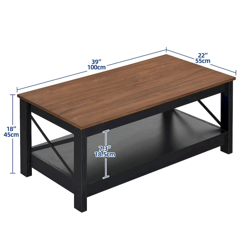Farmhouse Coffee Table with Storage 2-Tier Center Table for Living Room
