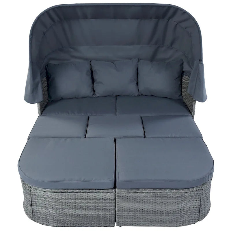 Outdoor Gray Wicker Daybed with Cushions and Retractable Canopy