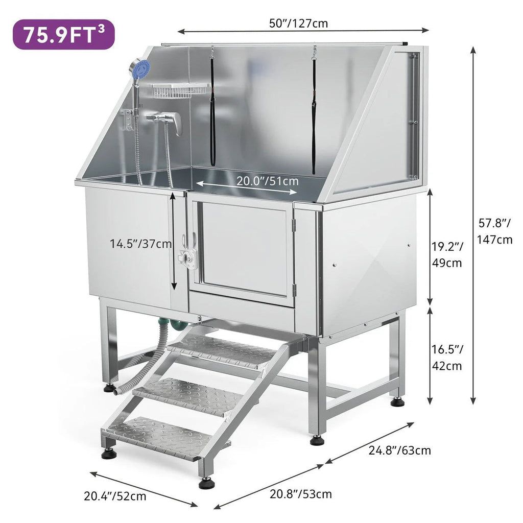 50 W Stainless Steel Adjustable Pet Grooming Tub with Steps Ramp