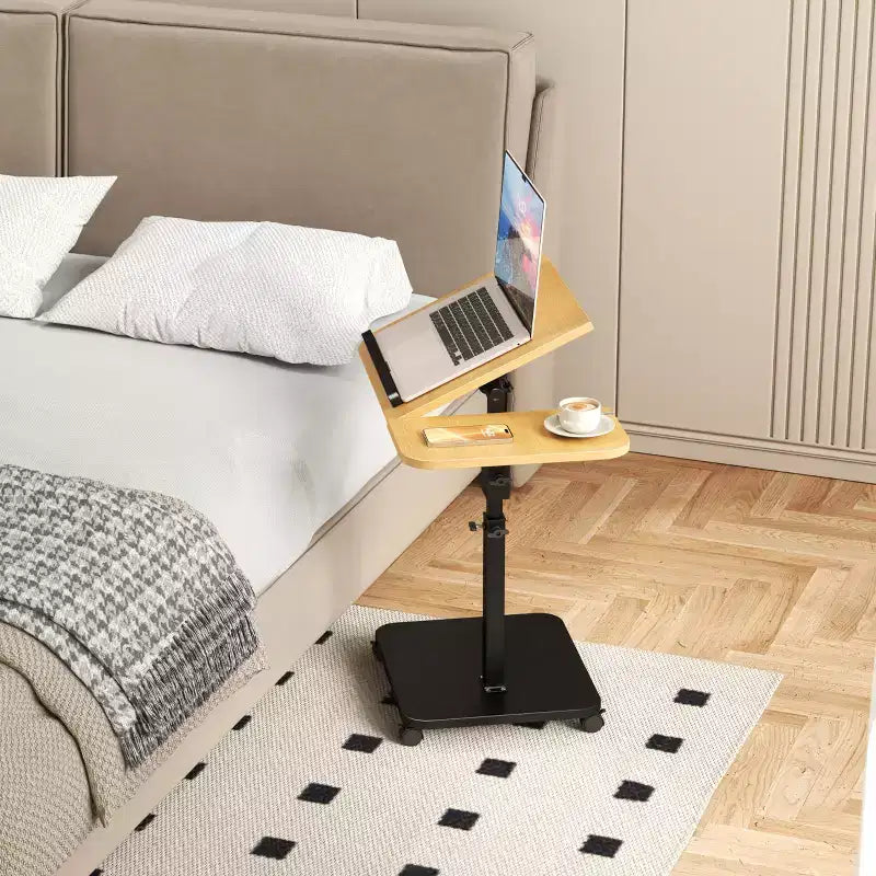 1 Set c-Shaped Side Table, Height Adjustable Overbed Bedside Table with Wheels, Multi-Purpose Sofa Table & Laptop Desk for Small Spaces