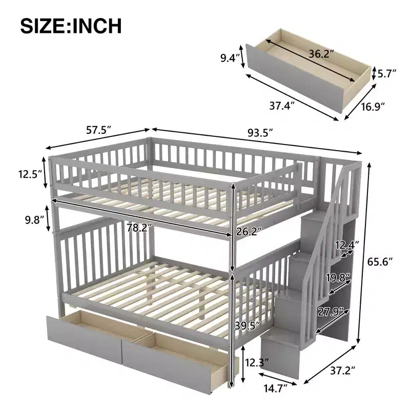 Full over Full Bunk Bed with Two Storage Drawers and Storage Shelves for Kids Teens Adults Bedroom