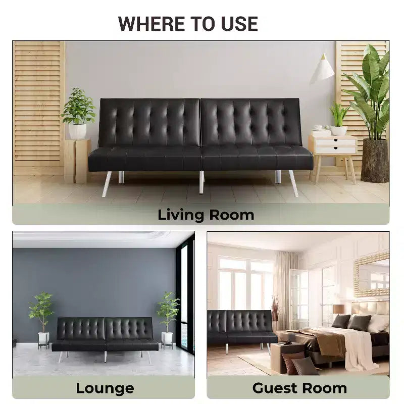 Tufted Split Back Futon Sofa Bed, Convertible Sofa bed with Chrome Legs