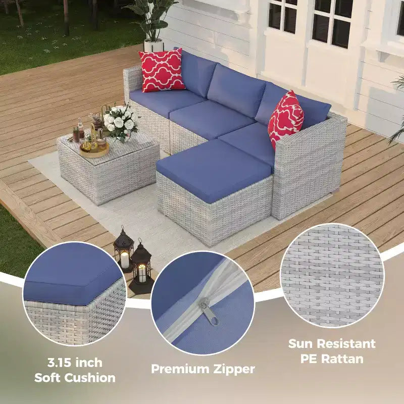 5 Pieces Patio Furniture Set, All-Weather Wicker Sectional Sofa With Anti-Slip Cushions, Rattan Outdoor Patio Furniture Sofa Set With Ottoman