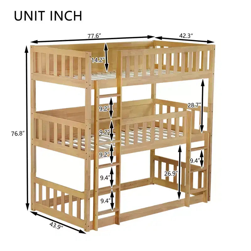 Triple Twin Bunk for Kids, Twin over Twin over Twin Detachable Bunk Bed with Ladder and Guardrail, Separate into 3 Beds