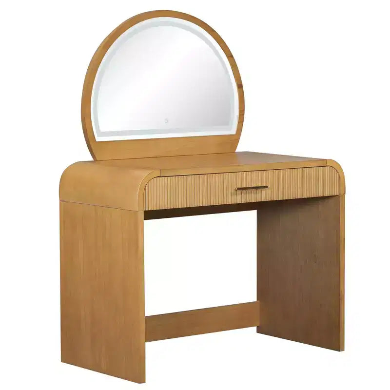 Makeup Vanity Table with Large Mirror and Touch Screen, Vanity Desk with Large Drawer and Arched Corner, Dressing Table for Bedroom