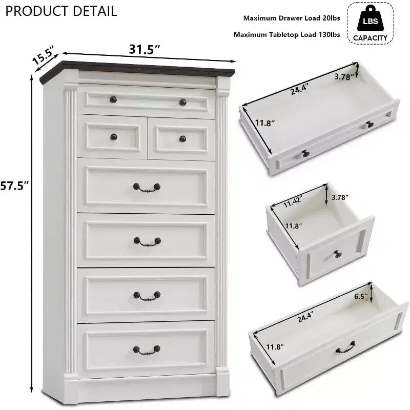 Mastgoal 57 Farmhouse Dresser with 7 Drawers, Rustic Wood Closet Storage with Roman Column for Bedroom