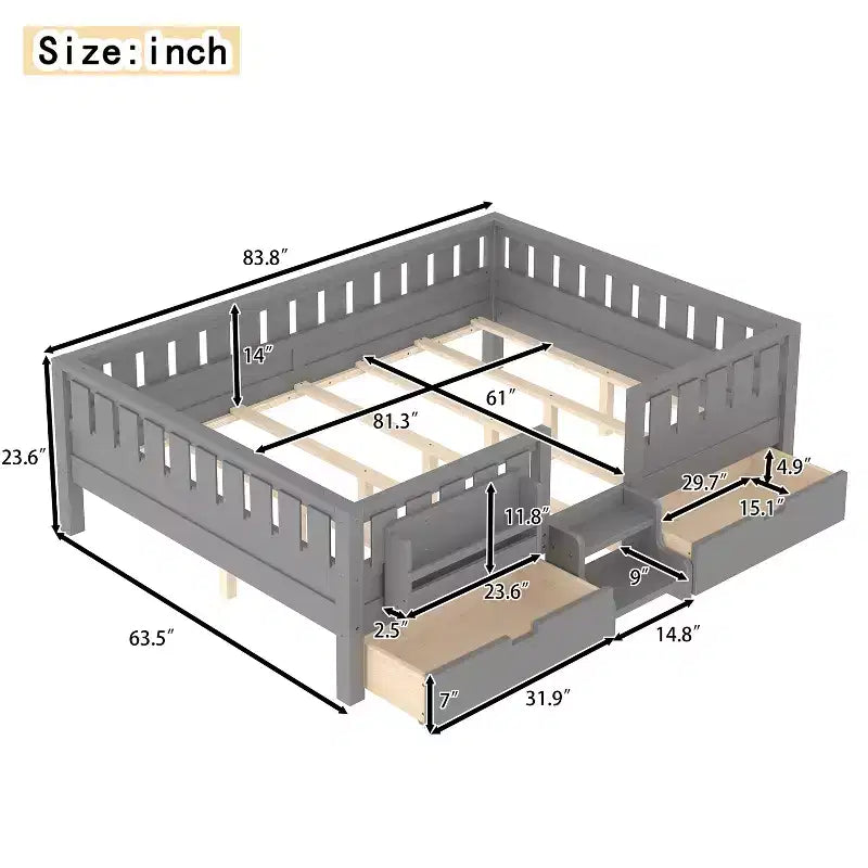 Bellemave Queen Size Toddler Bed with 14 Safety Guardrails, Space-saving Bed Frame with Built-in Bookshelves & 2 Under-Bed Storage Drawers