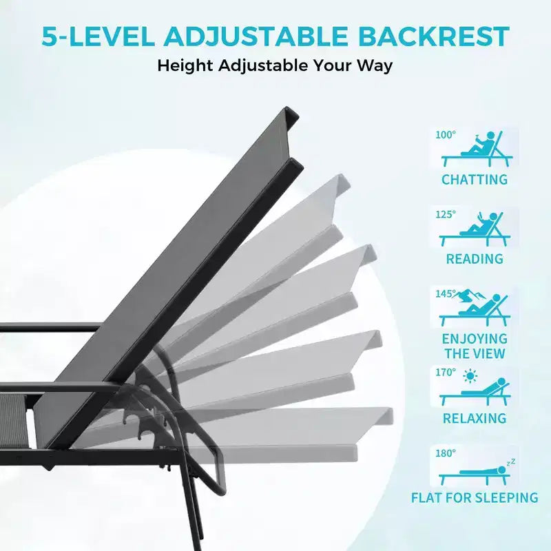 Outdoor Lounge Chair Set of 2  5-Position Adjustable Recliner, Textilene Fabric, 76 Pool Chaise for Patio, Garden & Poolside