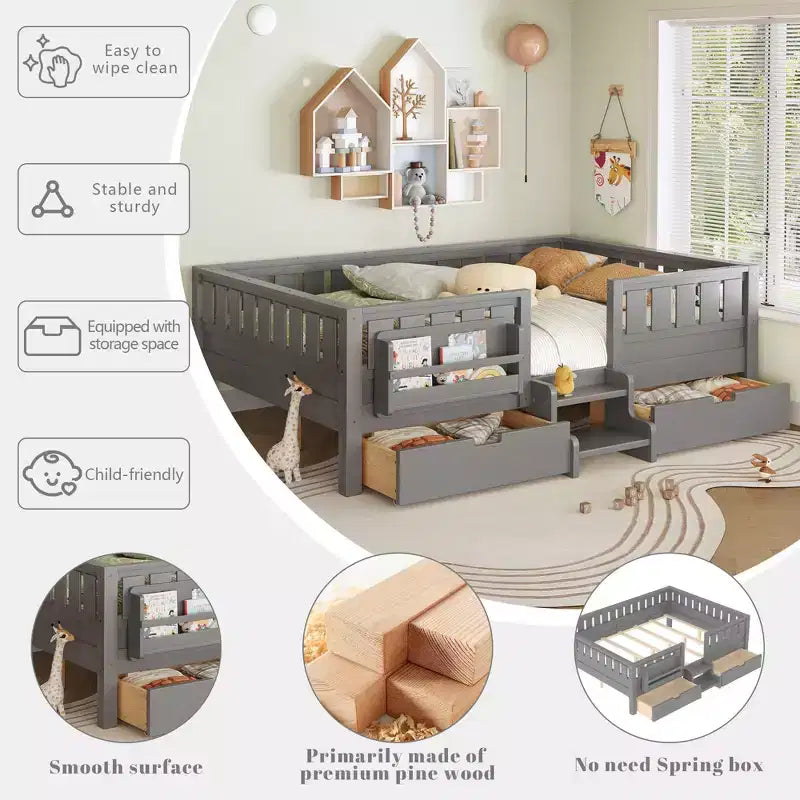 Bellemave Queen Size Toddler Bed with 14 Safety Guardrails, Space-saving Bed Frame with Built-in Bookshelves & 2 Under-Bed Storage Drawers