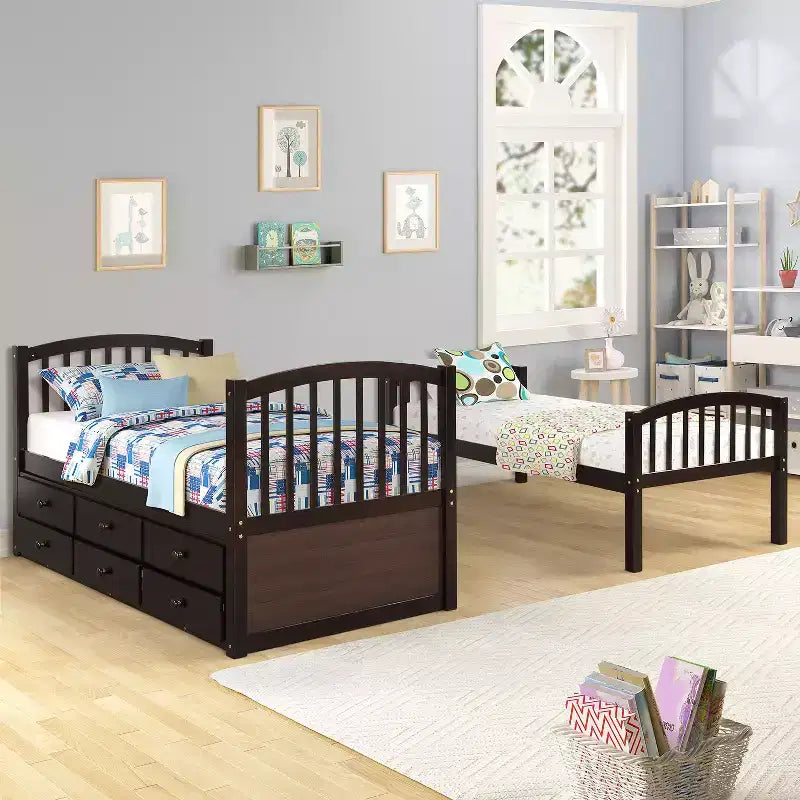 Twin Bunk Bed with Ladder, Safety Rail, Twin Trundle Bed with 3 Drawers for Teens Bedroom, Guest Room Furniture
