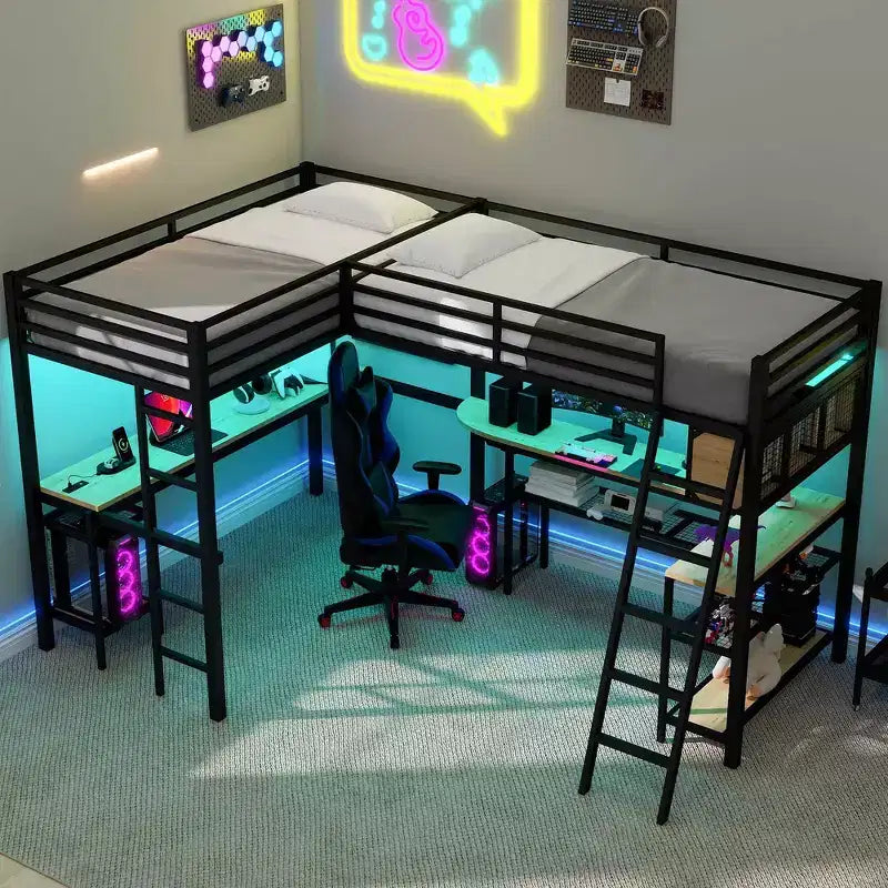 Twin Metal L-Shaped Loft Bed with Storage Shelves, 2 Built-in Desks - Black