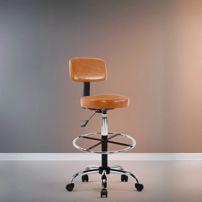 Height Adjustable Drafting Stool - With Premium Leather, Rolling Wheels