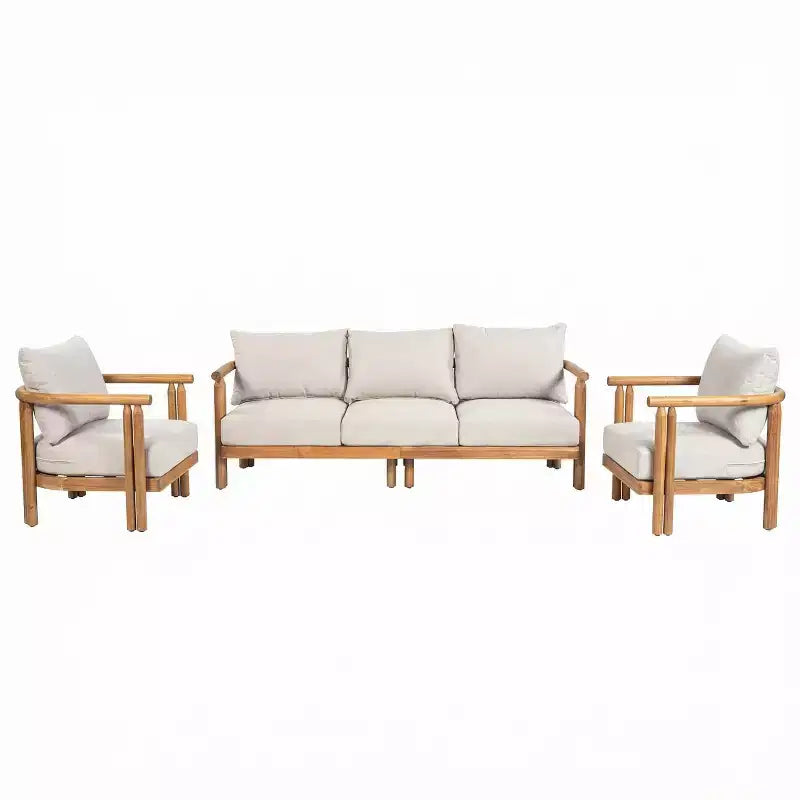 ModernLuxe 3pcs Patio Sofa Set Outdoor Conversation Chat Set Weather-resistant Garden Seating Group with Soft Cushions&Club Chairs, Beige&Teak