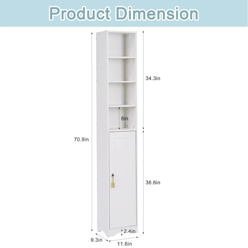 VECELO 70.9 Inches Tall Bathroom Narrow Linen Cabinet, 8 Tiers Solid Wood Freestanding Storage Cabinet
