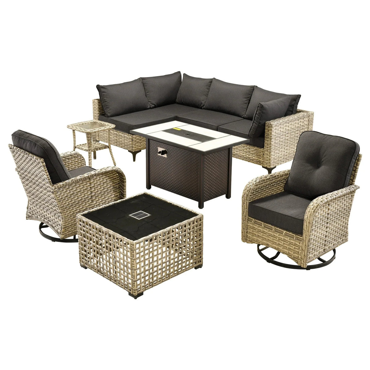 OVIOS 9 Pieces Outdoor Wicker Swivel Chair Set With Fire Table