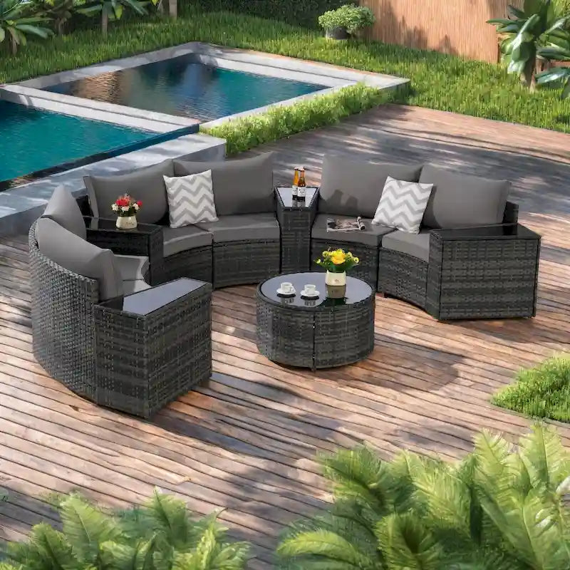 11-Piece Outdoor Half-Round Modular Sectional Sofa Set with Tempered Glass Coffee Table and 4 Side Table